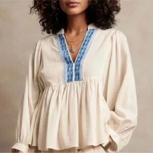 Cream Bohemian V-Neck Embroidered Flowy Blouse